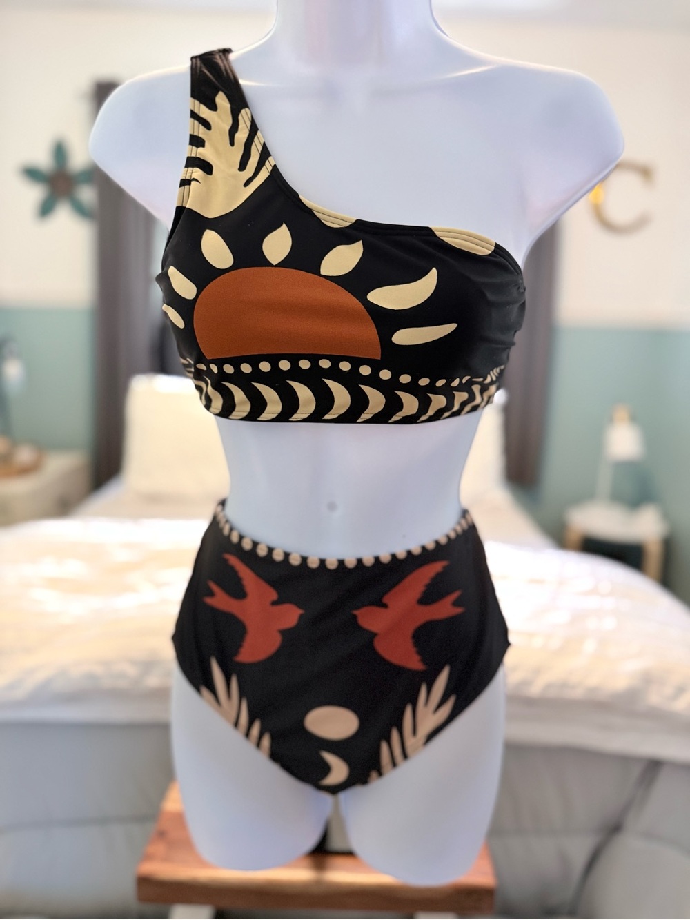 One-Shoulder Black Bikini Set with Rust Sun & Bird Motif